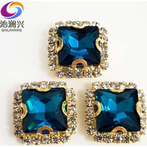 Golden bottom Peacock blue square shape top Crystal glass buckle, sew on rhinestones use for Diy/jewelry accessories SQKG13
