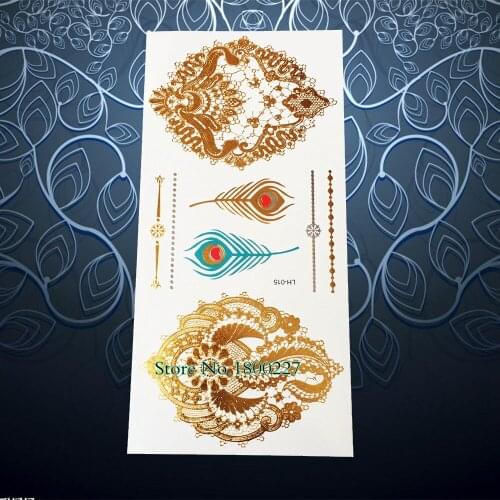 1PC Sexy Flash Temporary Tattoo Gold Lace Flower Women Henna Jewel PLH15 Metallic Pecock Feather Waterproof Tattoo Paste