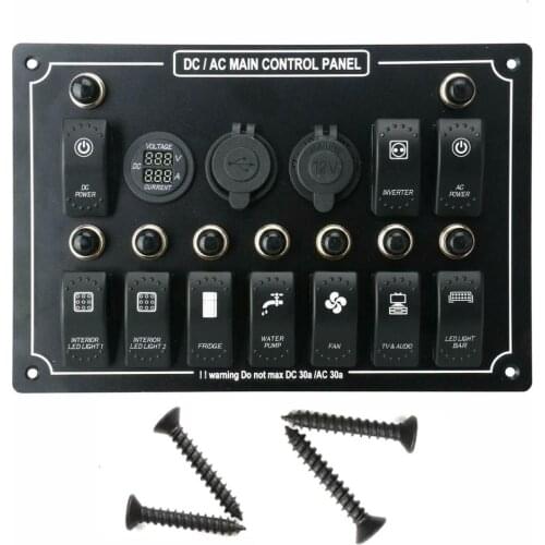 12V-24V 10 Gangs Car Boat Rocker Switch Panel circuit breaker protectorWATERPROOF Dual USB Current Voltmeter for CAMPER RV