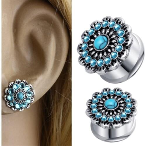 2PCS New Arrival Stainless Steel Ear Gauge And Plug Vintage Crystal Natural Stone Flesh Tunnel Expansion Body Piercing Jewelry