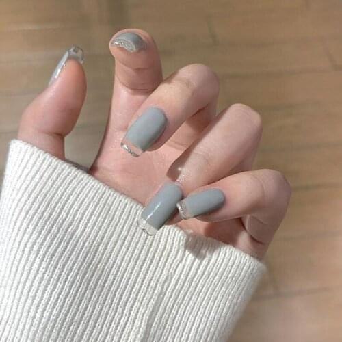 24pcs/Set Simple French False Nails Square Square Medium Grey OL Style Artificial Fingernail Decal Full Nail Art Tips with Glue