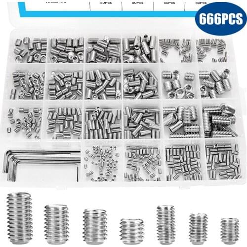 666pcs Hex Hexagon Socket Set Screw Flat Point Stainless Steel Grub Screw Assortment Kit M2 M3 M4 M5 M6 M8 Headless Set Screw