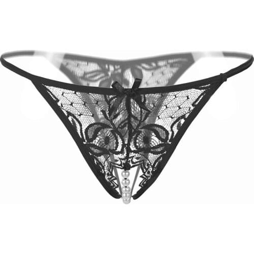 Anewmorn 3PCS Pearl Womens Sexy Lingerie Massage Fun Hollow Out Mesh T Panties Open Crotch Transparent Accessories Underpants