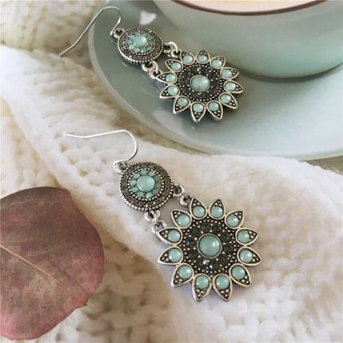 Bohemian antique rhodium color plating mint color stone paving star shape drop earrings for women