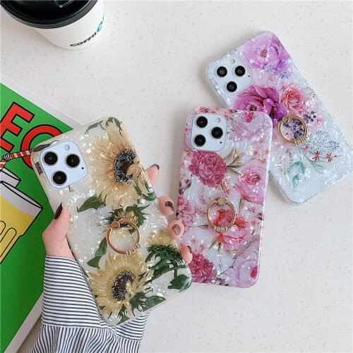 Retro Flower Ring Holder Phone Case For iPhone 12 Pro 11 Pro Max XR XS Max X 7 8 Plus 12 Mini Marble Dream Shell Soft IMD Cover