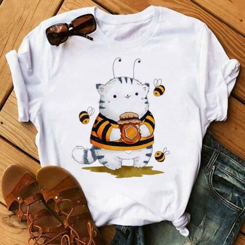 Kawaii Cat Print T Shirt Women Summer Plus Size T-shirt Top Funny Graphic Cartoon Tshirt Grunge Ulzzang Female Clothing