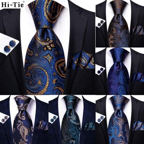 Hi-Tie Navy Blue Paisley Solid Silk Wedding Tie For Men Hanky Cufflinks Mens Necktie Set Business Party New Design Dropshipping