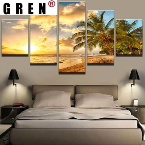 GREN Modern Wall Art Pictures Printed Painting Posters 5 Panel Palm Trees Sea Sunset Landscape Frame Living Room Home Decoration