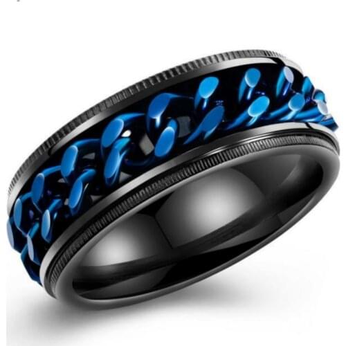 Classic Men Ring 8mm Cool Black & Blue Spinner Chain Ring For Men Stainless Steel Rotatable Chain Ring Male Jewelry