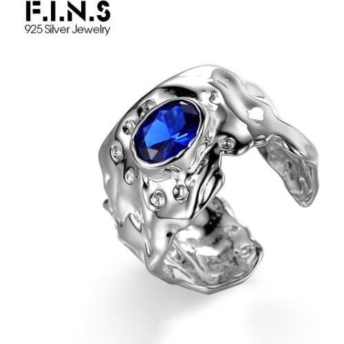F.I.N.S Exaggerated Pure S925 Sterling Silver Irregular Concave-Convex Ring Luxury Wide Open Blue Crystal Finger Cuff Ring