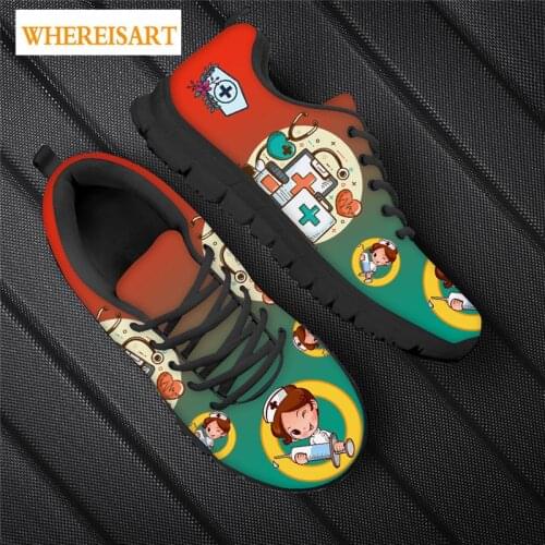 WHEREISART Vintage Red Green Gradient Sneaker 2021 Fashion New Women Flat Shoes Cartoon Healthcare Nurse Print Lace-up Footwear