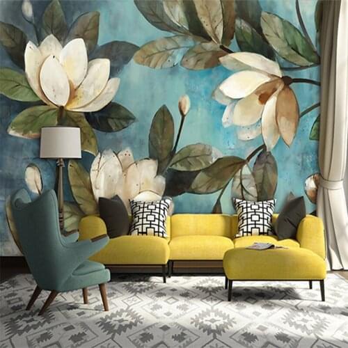 Lotus Retro Oil Painting Floral Wallpapers for Living Room Bedroom Decor Blue Backdrop Mural Wallpaper 3D Wall Paper Home Decor