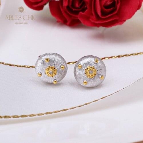 Brushed 925 Silver Half Dome Earrings Golden Dots Little Flower CZ Stud Earring Renaissance Fabric Pattern Jewelry C11E4S25270
