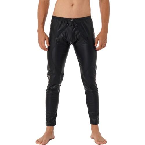 Adlut Mens Clothing Faux Leather Legging Clubwear for Pole Dancing Elastic Waistband Skinny Leather Pants Zipper Front Trousers