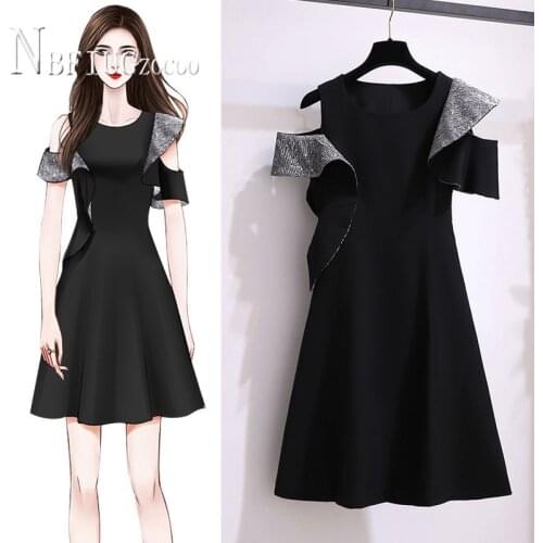 2020 Summer New Plus Size French Irregular Women Dress Black Color Female Dresses