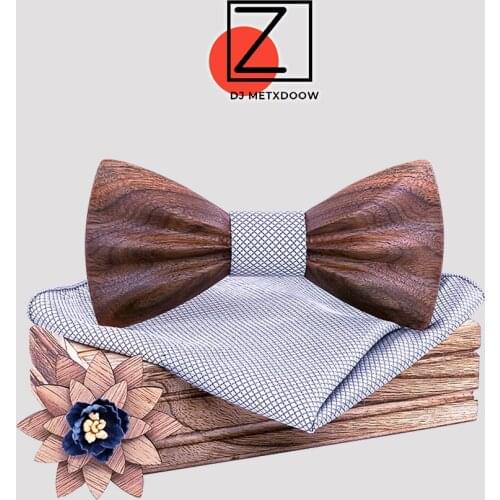 New Design Wood Bow Tie For Wedding Solid Plaid Pocket Square Cufflinks Brooch Bowtie Set Suit Mens Hanky Ties cadeau homme