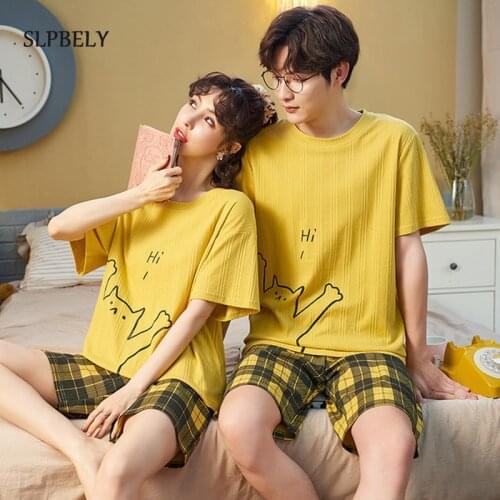 SLPBELY Couple Pajamas Set Nightsuit Summer Cotton Cartooon Plaid Shorts Lover Sleepwear Men And Women Pyjamas Pijama Nightwear