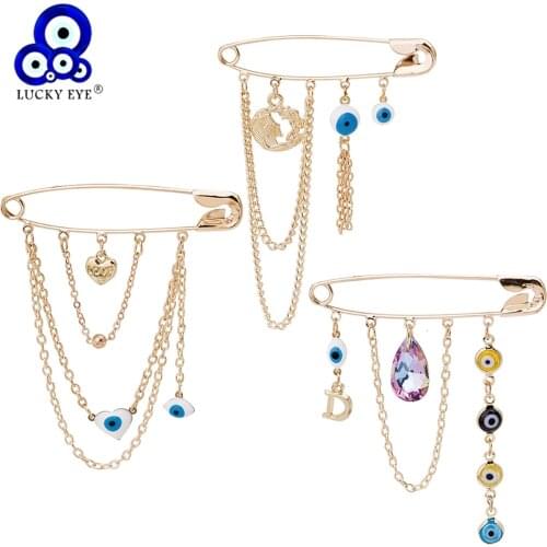 Lucky Eye Heart Turkish Evil Eye Charm Brooch Pin Gold Color Alloy Crystal Letter Brooch for Women Girls Fashion Jewelry LE684