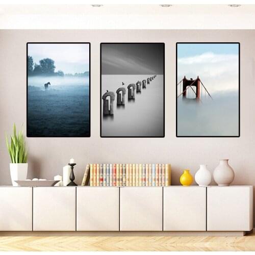 Natural Mysterious Scenery Forest Morning Fog Trees Canvas Painting Decorative Scandinavian Living Room Minimalist Wall Poster