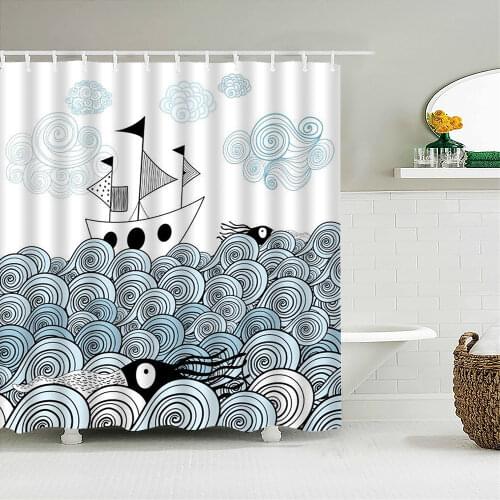 Cartoon Waves Boat Boy 3d Shower Curtains Bathroom Waterproof Bathroom Curtains Polyester Fabric Printed Bath Screen Mat