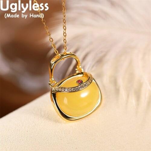 Uglyless China Chic FU Bag Natural Jade Amber Pendants for Women Enamel 925 Silver Necklaces 925 Silver Retro Jewelry NO Chains