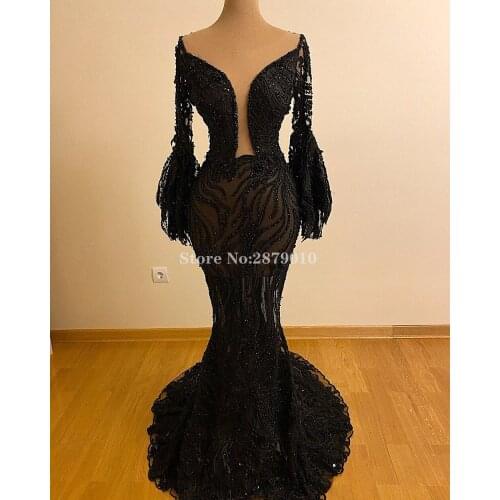 Illusion Arabic Black Luxury Beaded Stones Mermaid Evening Dress Floor-Length Long Sleeves Prom Dress Formal Party 2020 Dubai