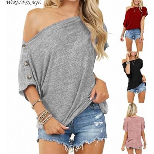 WIRELESS AGE T Shirt Women Loose Off Shoulder Button Short Sleeve Casual Solid Color One Collar Lady Tops Summer Fashion Wild