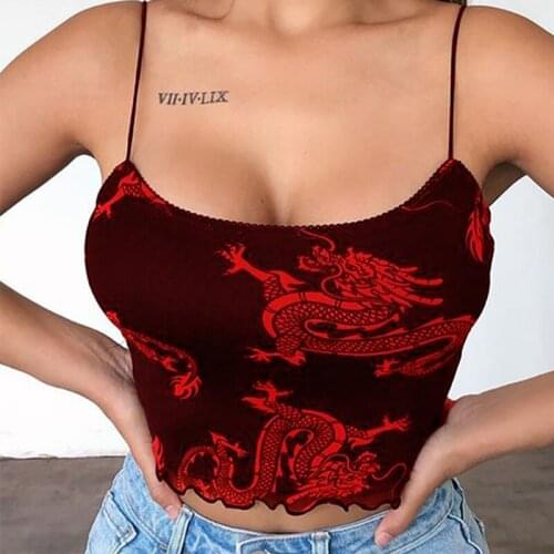 Women Casual Harajuku V-neck Goth Tshirt Ladies Clubwear Summer Dragon Print Graphic Tees Sleeveless Crop Tops