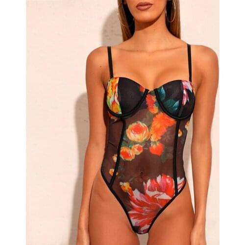 European American summer womens gauze printed flower temperament street shooting Slim sling jumpsuit black sexy underwear set