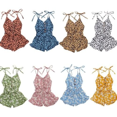 1-6Y Summer Lovely Infant Baby Girls Romper Overalls Kids Girl Leopard/Floral Print Sleeveless V Neck Chiffon Jumpsuits 9 Colors