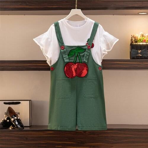 2021 New Hit Womens Summer Suits Green Patch Designs Bow Overalls+White Flying Sleeve Patchwork T-Shirt Two-Piece Sets Outfits