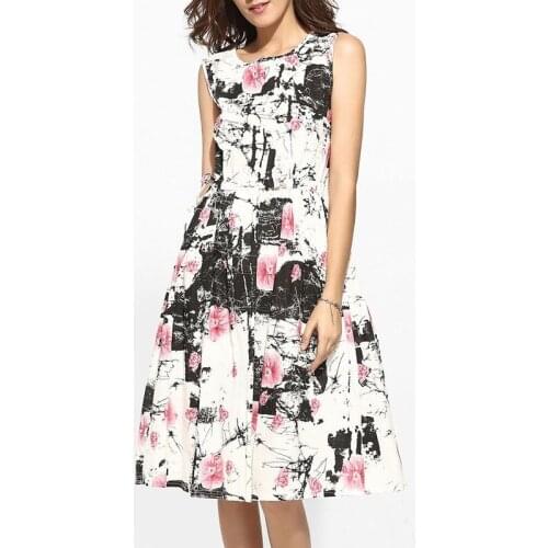 Women Casual Dresses Summer 2020 Floral Print O-Neck Dress Fashion Cotton Assorted A-Line Sleeveless Knee-Length Party Dress