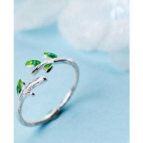 MloveAcc 925 Sterling Silver Branch Leaves Green Open Finger Rings for Women Fashion Sterling Silver Rings Jewelry