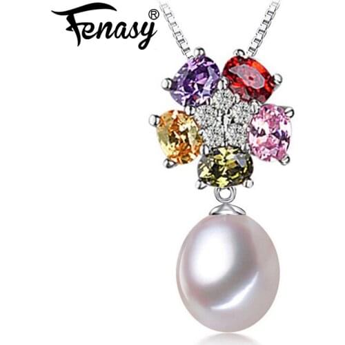 FENASY Genuine Natural Freshwater Pendant Necklace For Women Fashion Bohemian 925 Sterling Silver Flower Pendant