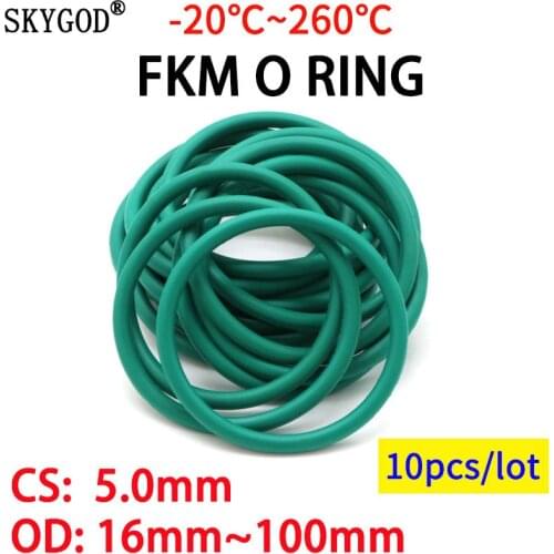 10pcs CS 5.0 mm OD 16~100 mm Green FKM Fluorine Rubber O Ring Sealing Gasket Insulation Oil High Temperature Resistance Green