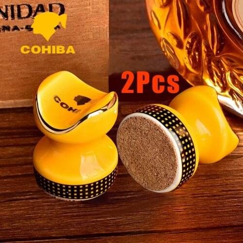 2Pcs COHIBA Yellow Mini Ceramics Portable Cigar Holder Stand Pocket Mount Travel ASHTRAY Cigar Gadgets Smoking Accessories