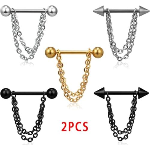 2Pcs/Set Stainless Steel Link Pierced Nipple Breast Rings Nail Barbell Chain Pendant Body Piercings Jewelry 5 Styles