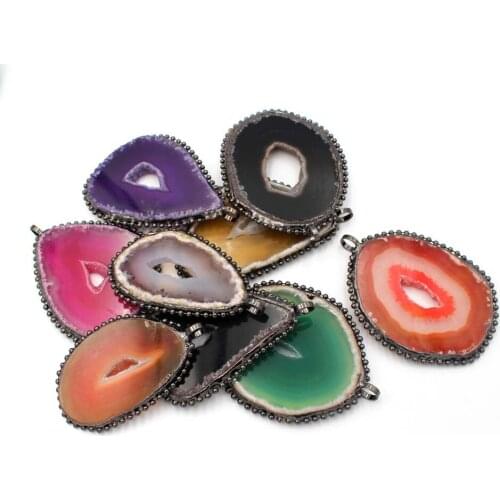 3pcs Healing Color Natural Druzy Agates Stone Pendant Black Plated Copper Big Hole Irregular Pendant for DIY Stone Necklace