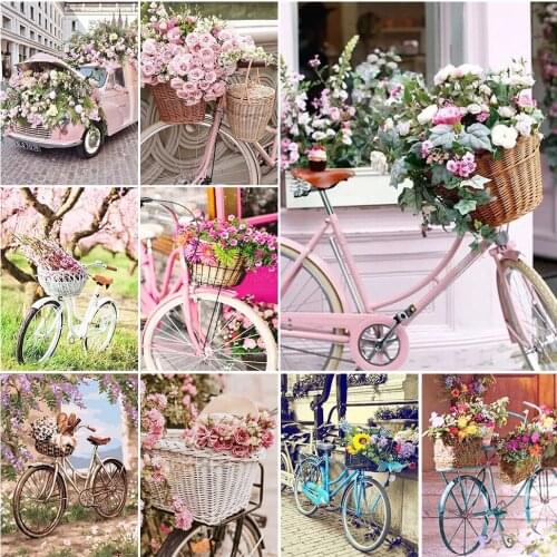 5D Diamond Painting Full Square Scenery Bicycle Rhinestone Kit Diamond Embroidery Flower Pink Cross Stitch Kit Mosaic Wall Art