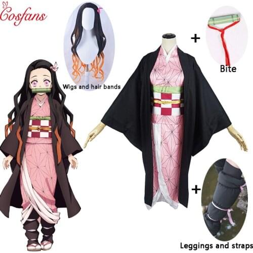 Anime Demon Slayer Kamado Nezuko Cosplay Costumes Kimetsu no Yaiba Women Pink Kimono Halloween Costumes for Women Halloween wig