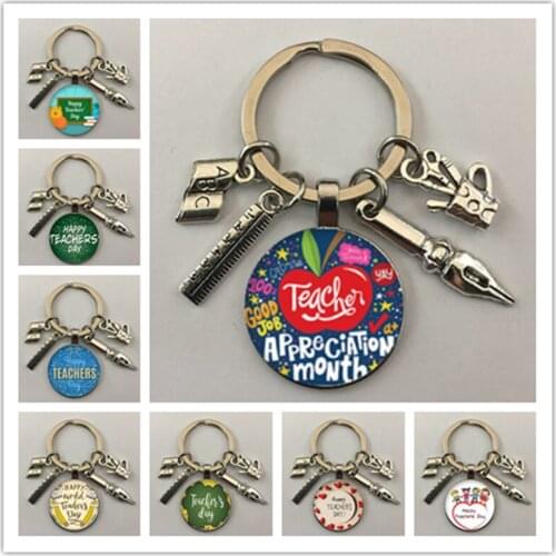 English alphabet happy teachers' day keychain key ring round glass cabochon keychain teachers day gift