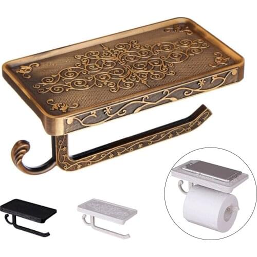 Toilet Paper Holder Antique Carved Zinc Alloy Mobile Phone Holder Bathroom Tissue Boxes Vintage Decor Shelf with Towel Rack