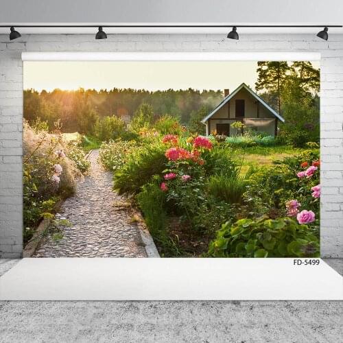 Cabin Garden Flowers Road Photography Background Customized Backdrop for Children Baby Portrait Scenic Photocall Photo Studio