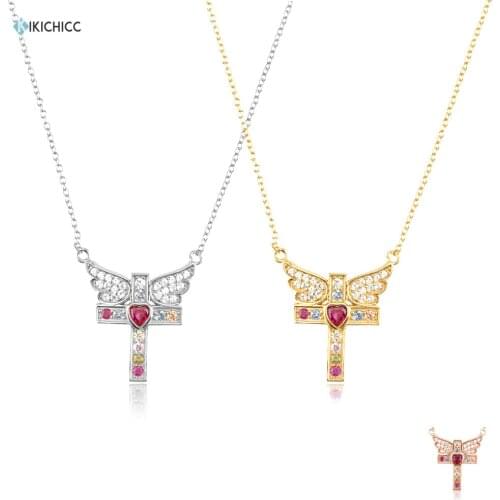 KIKICHICC New 925 Sterling Silver Gold Rose Red Love Pink Wing Cross Cupid Pendant Long Chain Wedding Gift Valentines Day