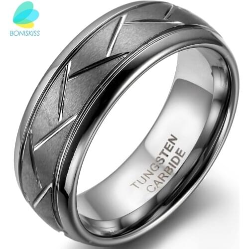 BONISKISS 8MM Mens Gray Brushed Finish Tungsten Carbide Ring & Diagonal Grooves Custom Engrave