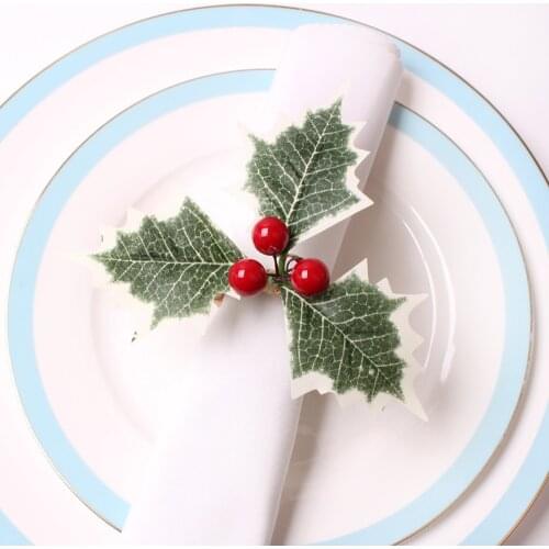 10pcs Christmas simulation red fruit plus Christmas green leaves Christmas tree flower napkin buckle tree branch napkin ring