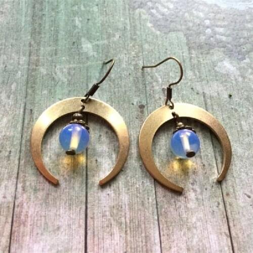 Moonstone Crecent Moon Earrings Brass Celestial Astronomy Boho Hippies Witch Jewelry Women Gift Novelty Statement Fashion New