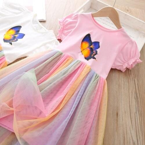 Cute Baby Girl Dress Butterfly Rainbow Puff Sleeve Summer Colorful Mesh Dress Girls' Daily Wear A-line Casual Princess Dress