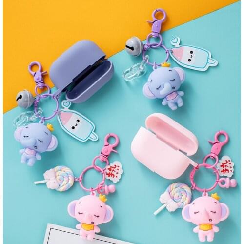 Cute Silicone Baby Elephant Keychain Blue Pink Gray Lollipop Bell Keyring Earphone Case Doll Key Holder Popular Jewelry Gifts