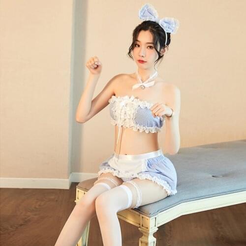 Fashion Fun Underwear Sexy Blue Lattice Maid Maidservant Uniform Temptation Suit